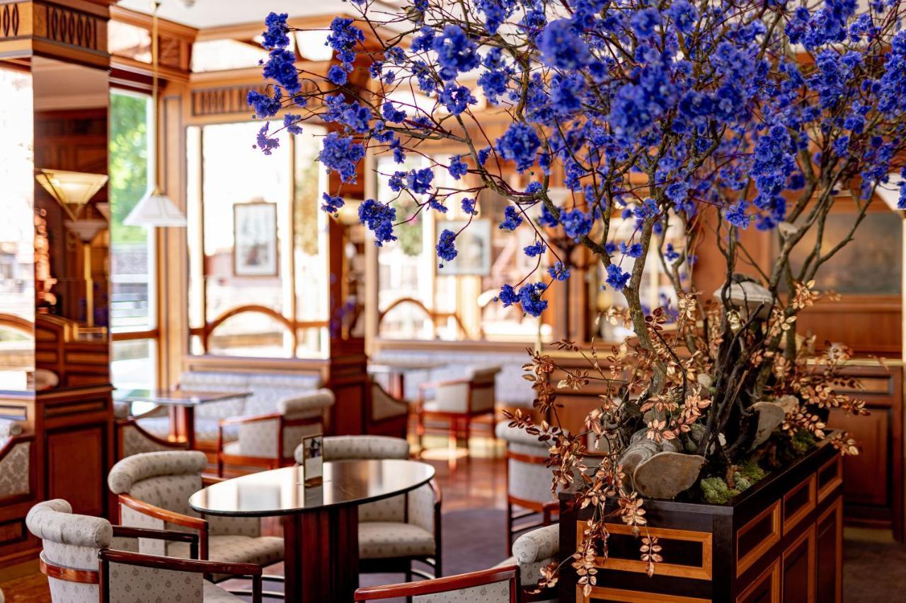 Grandhotel Pupp Karlovy Vary Luaran gambar The photo depicts an elegant and stylish interior of a café or lounge. It features wooden furnishings with a warm color palette, including comfortable chairs and tables. A prominent feature is a large arrangement of blue flowers that adds a vibrant t